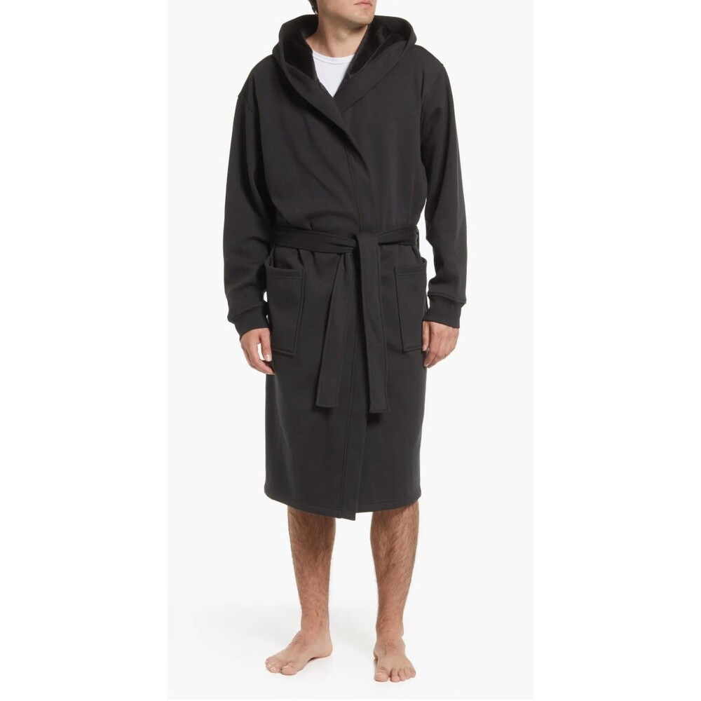 UGG Men's Black Leeland Cozy Soft Robe Hooded Belted Tie Waist M/L